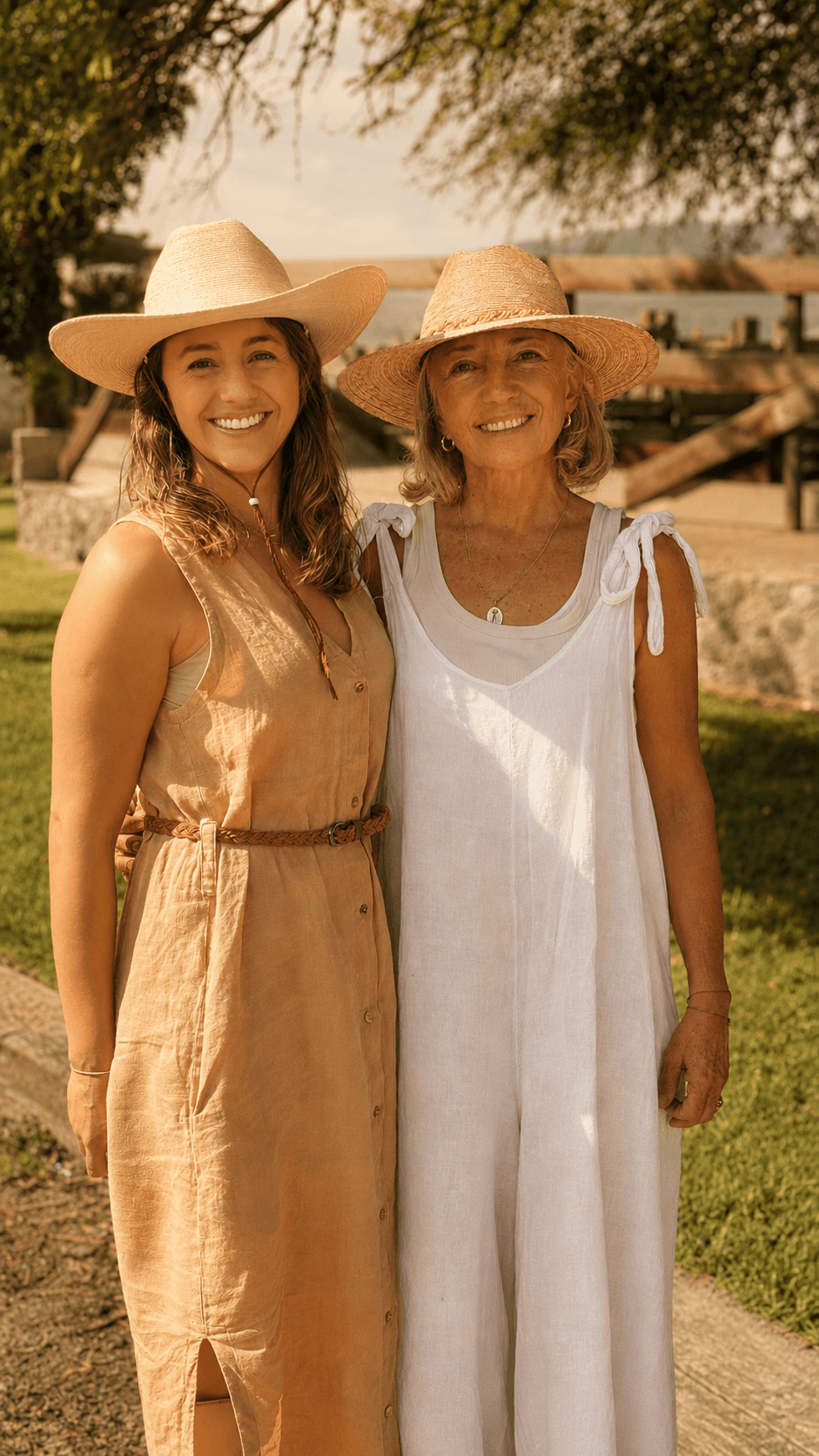 Lucero y Alejandra juntas al aire libre, con sombreros de ala ancha y luz cálida